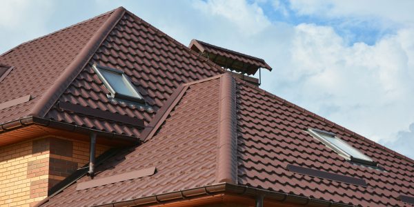 New roofing construction with attic skylights, rain gutter system, roof windows and roof protection from snow board, snow guard exterior.